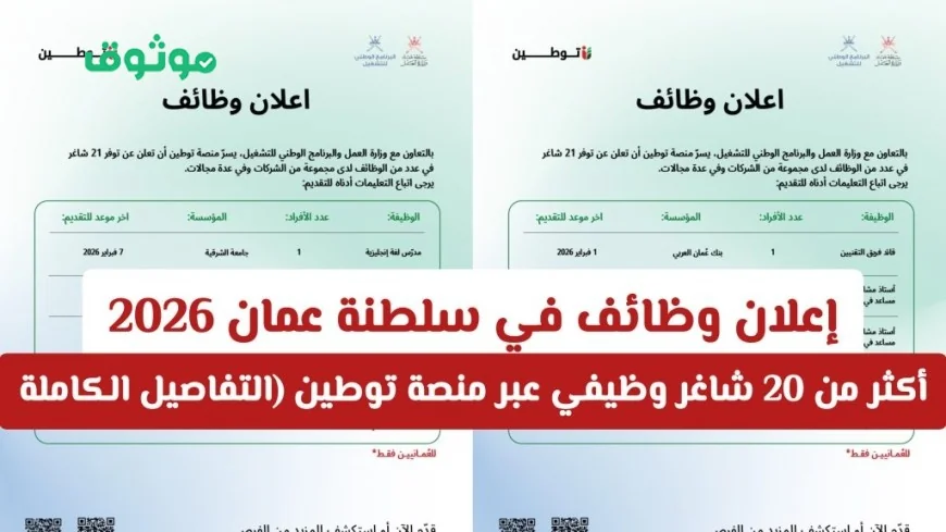 فرص عمل شاغرة في سلطنة عمان 2026: اكتشف أكثر من 20 وظيفة متاحة عبر منصة توطين (معلومات شاملة)